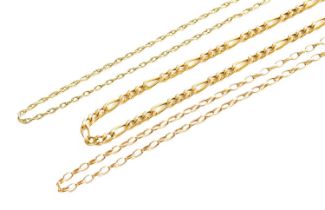 A 9 Carat Gold Figaro Link Chain, length 44cm; A 9 Carat Gold Trace Link Chain, length 55.5cm; and A