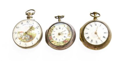 A Silver Pair Cased Verge Pocket Watch with Hunting Scene Enamel Dial, movement signed J.Adamson,