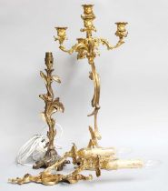 Gilt Metal Candelabra, a pair of gilt metal wall lights, including a gilt metal lamp