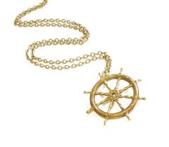 A 9 Carat Gold Ships Wheel Pendant on Chain, pendant length 3.5cm, chain length 57.5cm Chain also