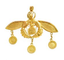 A Bee Brooch/Pendant, realistically modelled as two bees carrying honey, applied plaque to the