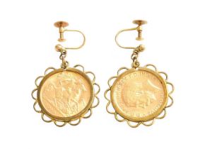 A Pair of Half Sovereign Earrings, dated 1911 and 1913, in loose mounts, with screw fittings, length