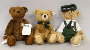 Modern Steiff Teddy Bears Flying Scotsman, the Worlds First Teddy Bear and Club Scout Bear, all