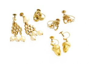 Three Pairs of Earrings, including acorn motifs, cultured pearl examples etc, all with screw