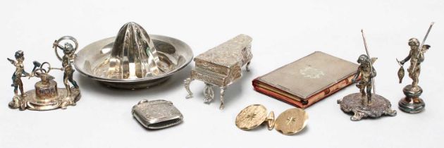 A Collection of Assorted Silver and Gold Items, the silver including a box, in the form of a grand