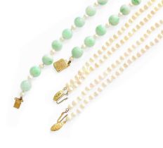 A Jade Bead and Cultured Pearl Necklace, length 58cm; and Two Single Row Cultured Pearl Necklaces,