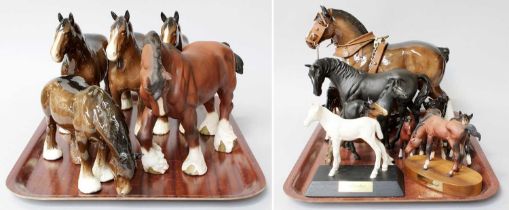 Beswick Horses and Foals, including brown gloss shire mares, a large harnessed example, Black Beauty
