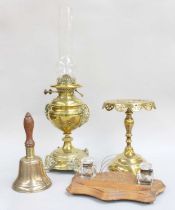 A Late Victorian Brass Oil Lamp, Brass Trivet, Brass Bell, and Inkstand (4)