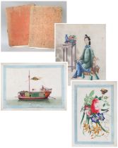 Chinese Watercolours on Pith Paper, mid 19th century, figures at various persutes and botanical