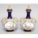A Pair of Coalport Twin-Handled Bottle Vases and Covers, by Arthur Perry, each decorated with