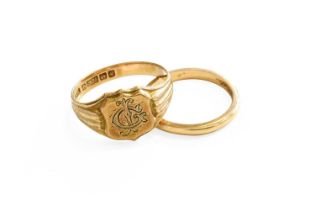 A 9 Carat Gold Signet Ring, finger size R; and A Band Ring, indistinctly marked, finger size M1/2