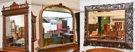 A Gilt Over Mantel Mirror, 137cm by 120cm, together with two oak bevelled glass mirrors, one with