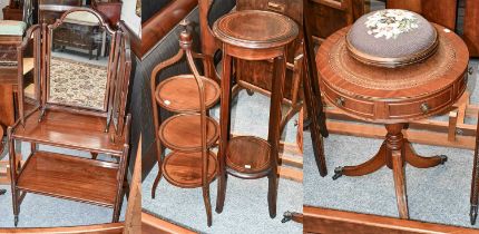 A Reproduction Leather Inset Drum Occasional Table, an Edwardian two tier plant stand, a mahogany