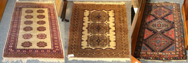 Hamadan Rug, the indigo field with three stepped medallions enclosed by multiple borders, 180cm by