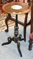 An Aesthetic Period Burr Wood and ebonised tripod table, 45cm by 82cm