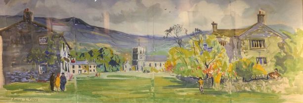 Angus Bernard Rands Extensive Dales landscape with figures conversing Signed, watercolour, 72cm by