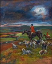 Lucilla Jones (20th Century) Huntsman and hounds in an extensive landscape Signed and dated (19)