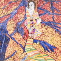 A modern Asian needlework picture of a lady in a kimono, 38cm by 38cm