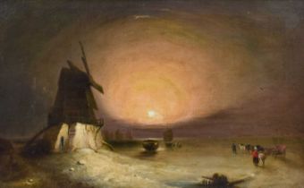 British School (19th Century) Moonlit coastal scene with windmill Oil on canvas, 39cm by 59cm