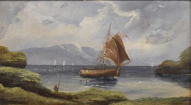 British School (20th Century) Masted ship in a harbour Oil on board, together with a 20th century