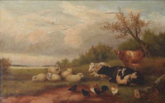 British School, 19th/20th Century Cattle, sheep and chickens in a landscape Signed "Jackson", oil on