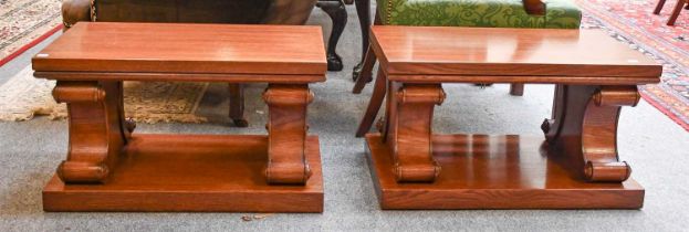 A Pair of Modern Oak Lamp Tables, on scroll carved supports, each 72cm by 45cm by 41cm