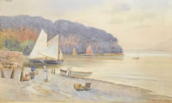 J Marshall Jowett (fl.1900-1924) Harbour scene, masted ships and figures loading a boat Signed,