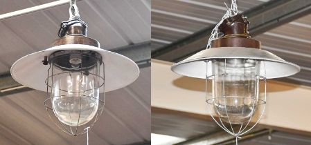 A Pair of Mid 20th Century Industrial Down Lights, approximatley 140cm (2)