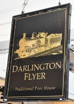 A ''Darlington Flyer'' Double Sided Pub Sign, in ebonised frame, 122cm by 90cm