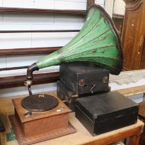 A Gramophone. with two green painted horns, a table ''Columbia'' gramophone and three travelling