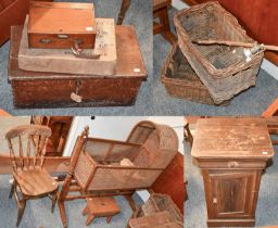 A Pine Side Cabinet, elm chair, two pine boxes, wicker baskets, a caned childs cradle, etc (qty)