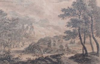 British School (18th/19th Century) Continental lakeland landscape Ink and wash, 19.5cm by 31.5cm