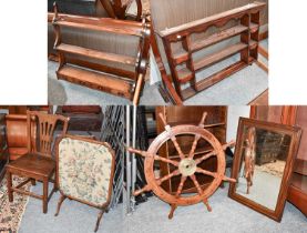 A Group of Furniture Comprising: A Sutherland table, coal purdonium, hanging shelf, ships wheel,