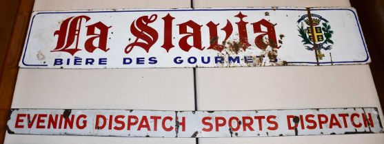 An Enamel Advertising Sign, La Slavia Biers, 203cm by 40cm, together with another for an evening