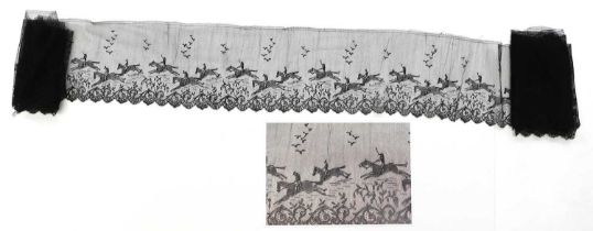 Early 20th Century Possibly French Chantilly Lace Flounce, woven with jump jockeys on horseback,