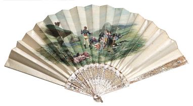 A Late 19th Century Decorative Cream Silk Fan with painted decoration depicting figures in