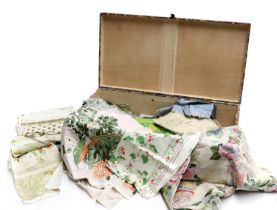 Circa 1930s Fabric Mounted Trunk, printed with stylised fruit, leather carrying handle, 97cm by 50cm