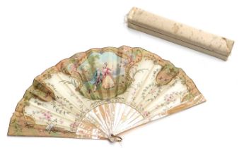 Late 19th Century Fan with mother of pearl sticks and guards, gauze mount hand painted with a