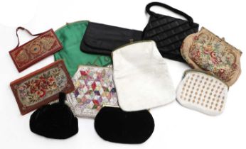 Assorted 20th Century Ladies Evening Bags comprising a black velvet purse with paste set clasp,