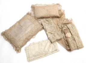 Assorted Early 20th Century Lace, comprising two small pillows with lace mounts and trims and silk