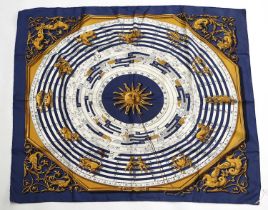 Hermés Silk Scarf Dies et Hore, depicting horology motifs printed in cream, gold and within navy