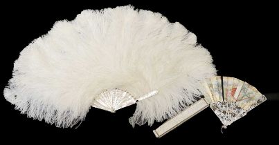 Early 20th Century Mother of Pearl Court Fan with white ostrich feather mount, 60cm, a Mother of