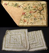 An Early 20th Century Cream Silk Panel, embroidered with a pheasant and decorative flower heads in