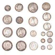 Assortment of Victorian Silver Coinage; 21 coins comprising; 5x crowns, 1887, 1888, 1890, 1893 and