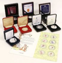 Mixed Silver Proof Coins and Medallions; comprising; Winnie the Pooh, 8x silver 50p style medallions