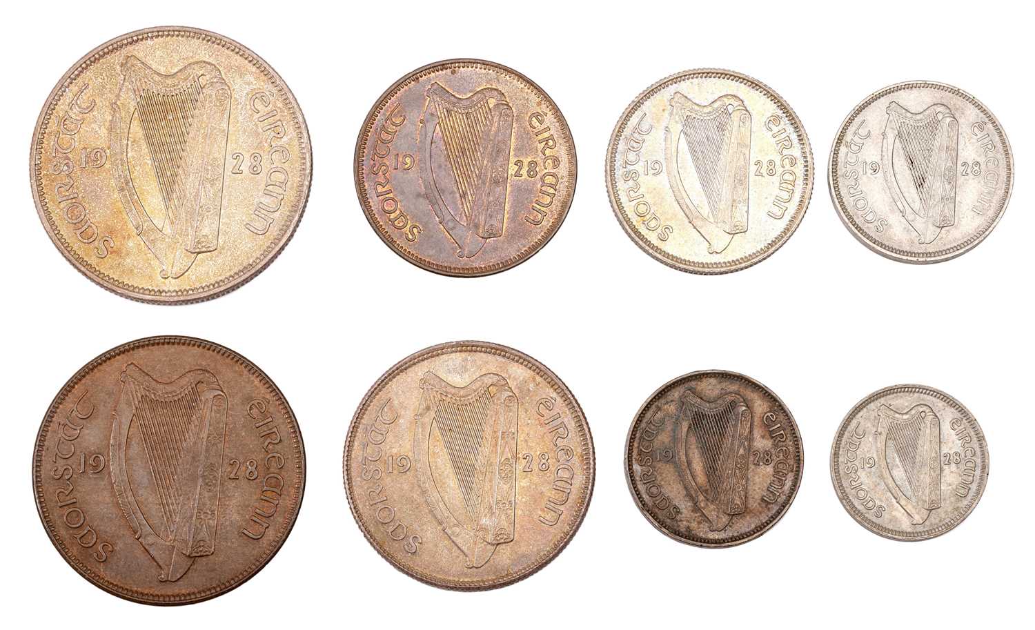 Irish Free State Coinage 1928, 8 coins comprising: halfcrown, florin, shilling, sixpence, penny, - Image 2 of 2