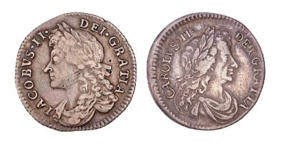 2x 17th Century Sixpences, comprising; Charles II, sixpence 1683, interlinked C's in angles, (Bull