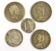 Small Assortment of British and Irish Silver Coinage, 5 coins comprising; Ireland, James I, second