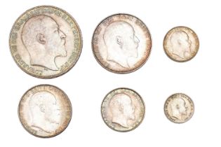 Collection of Edward VII 1902 Coins, comprising 6 coins: crown, halfcrown, florin, shilling,