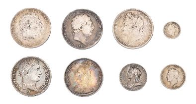 Assorted 19th Century Silver Coinage, 8 coins comprising; 2x George III, crowns 1819 and 1820,